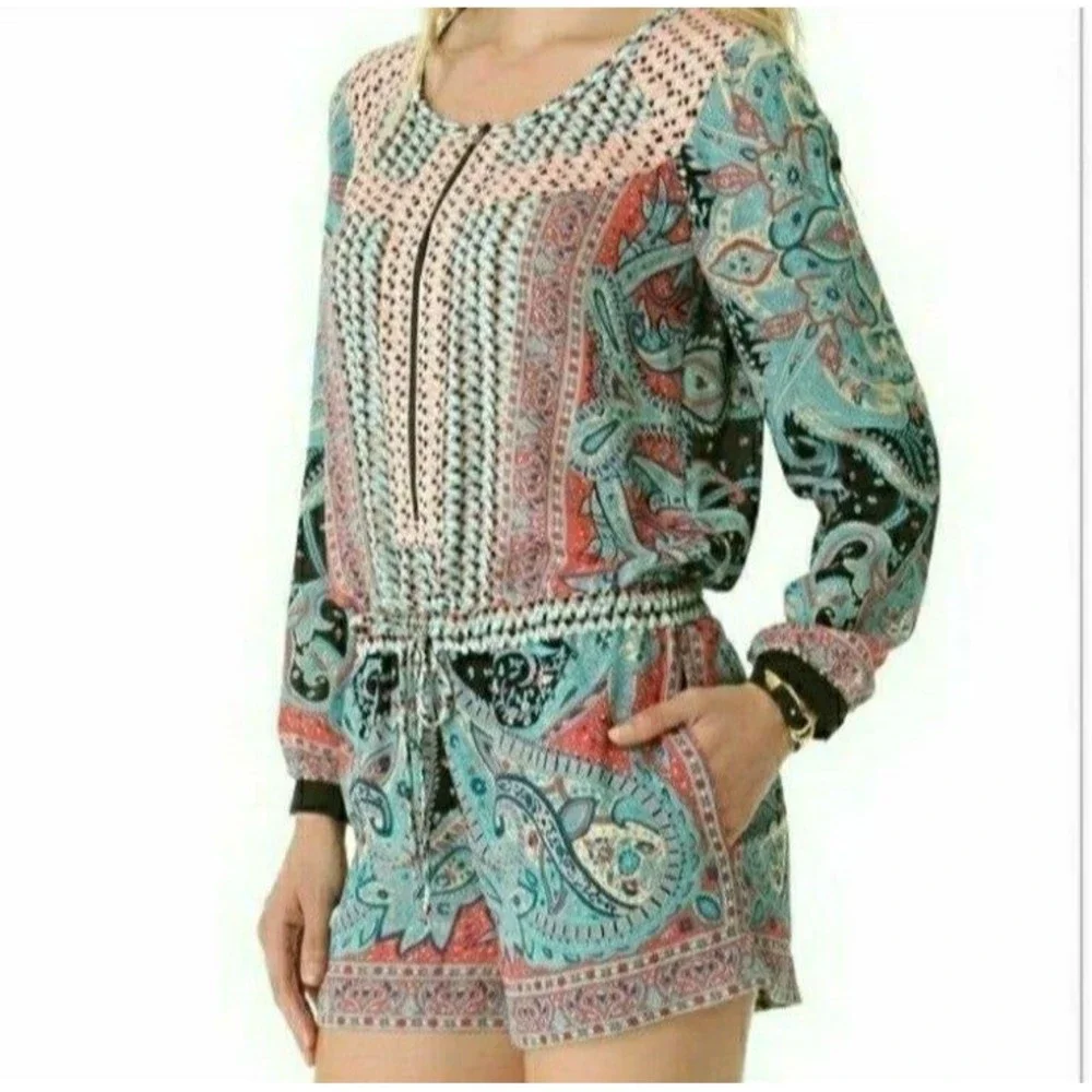 BCBGMAXAZRIA ROMPER BOHEMIAN TURQUOISE PRINT WOMENS MEDIUM NWOT